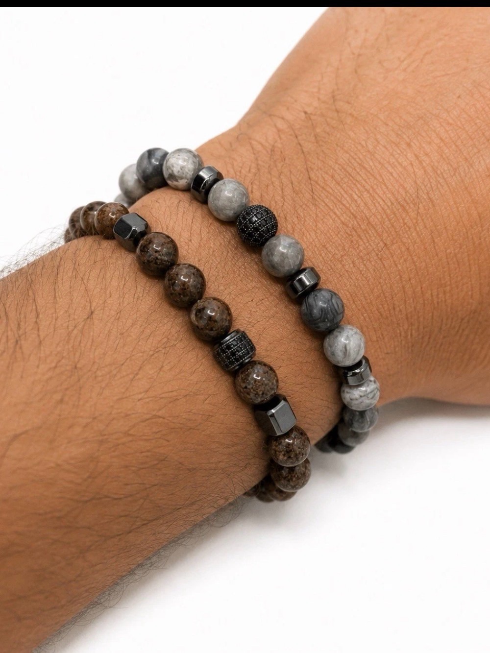 Handmade Natural Stone Bracelet Set (Grey Jasper and Brown Jasper)